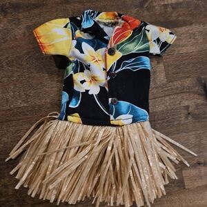 Kids Hawaiian Hula Costume Dress with Straw Skirt - Black Floral